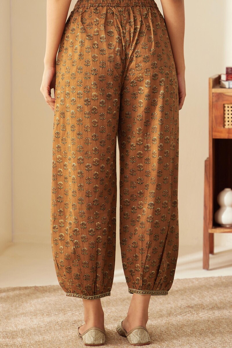 Brown Hand Printed Cotton Slub Izhaar Pants