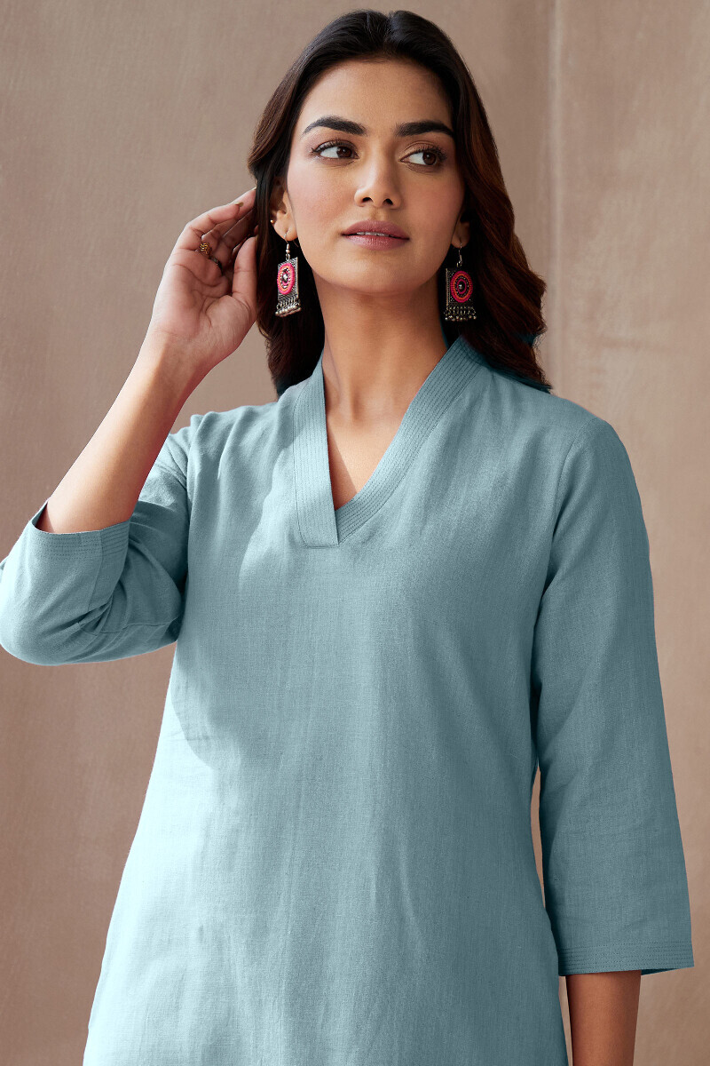 Sky Blue Handcrafted Straight Cotton Flax Kurta