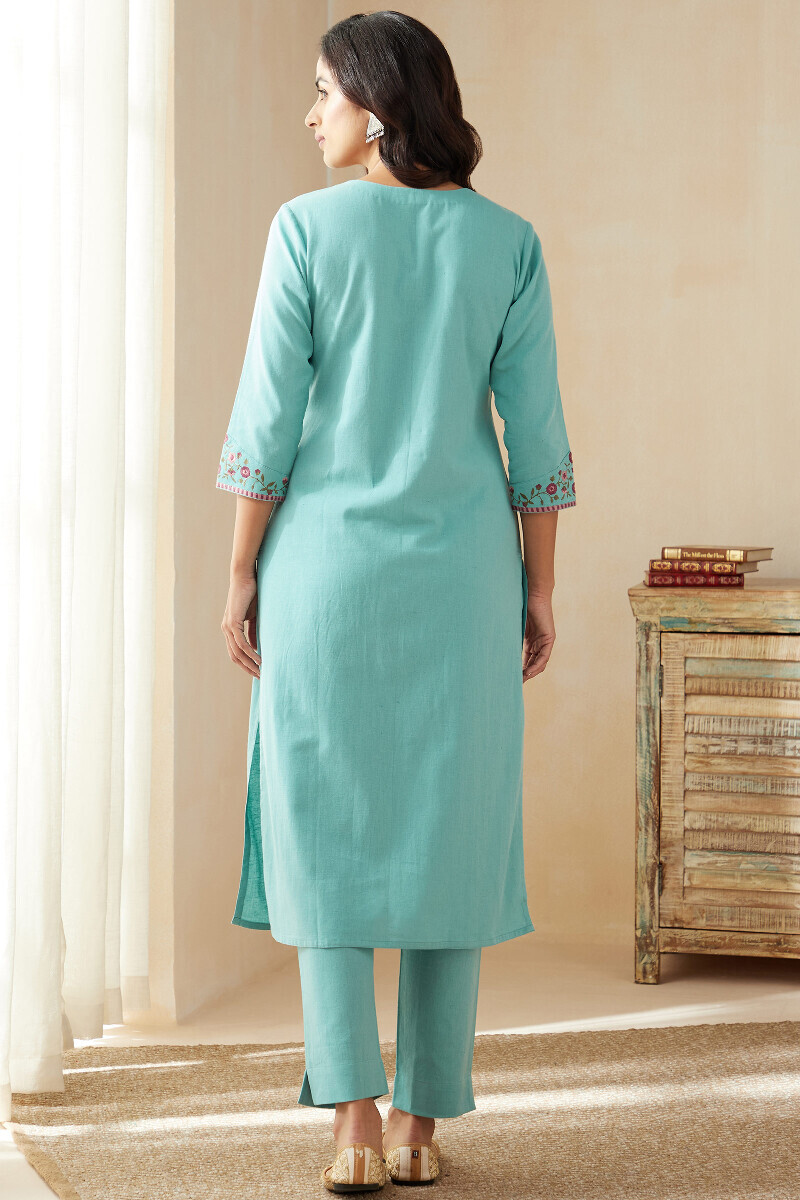 Blue Handcrafted Straight Cotton Flax Kurta