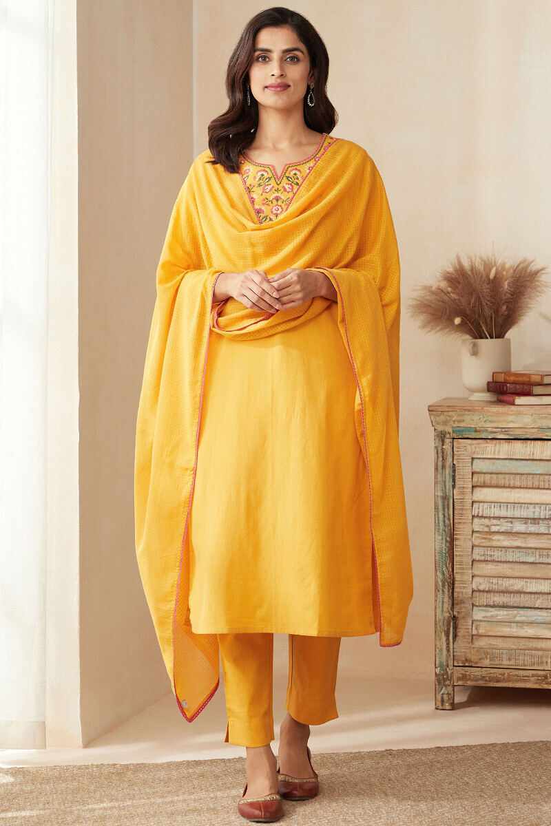 Mustard Handcrafted Straight Cotton Flax Kurta