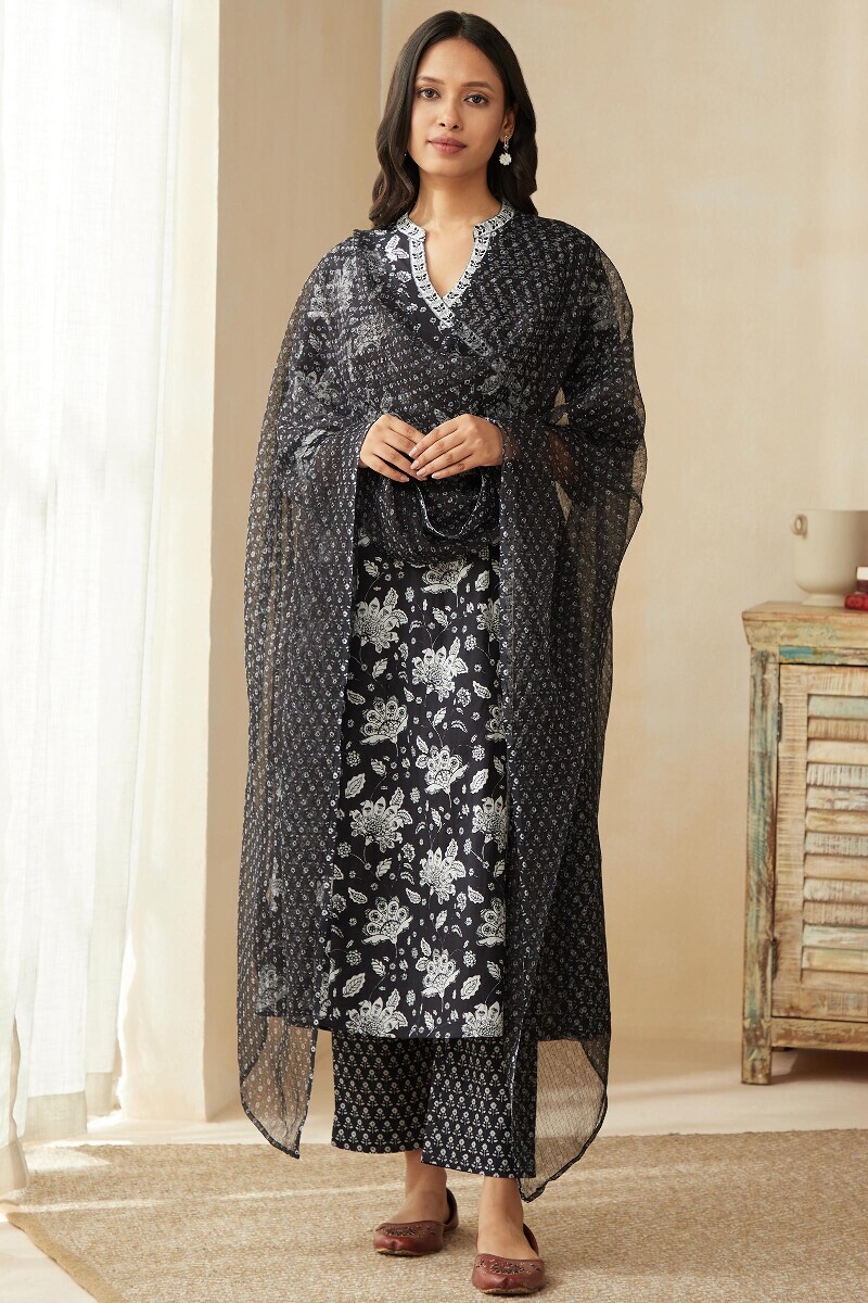 Blue Hand Printed Angrakha Cotton Kurta