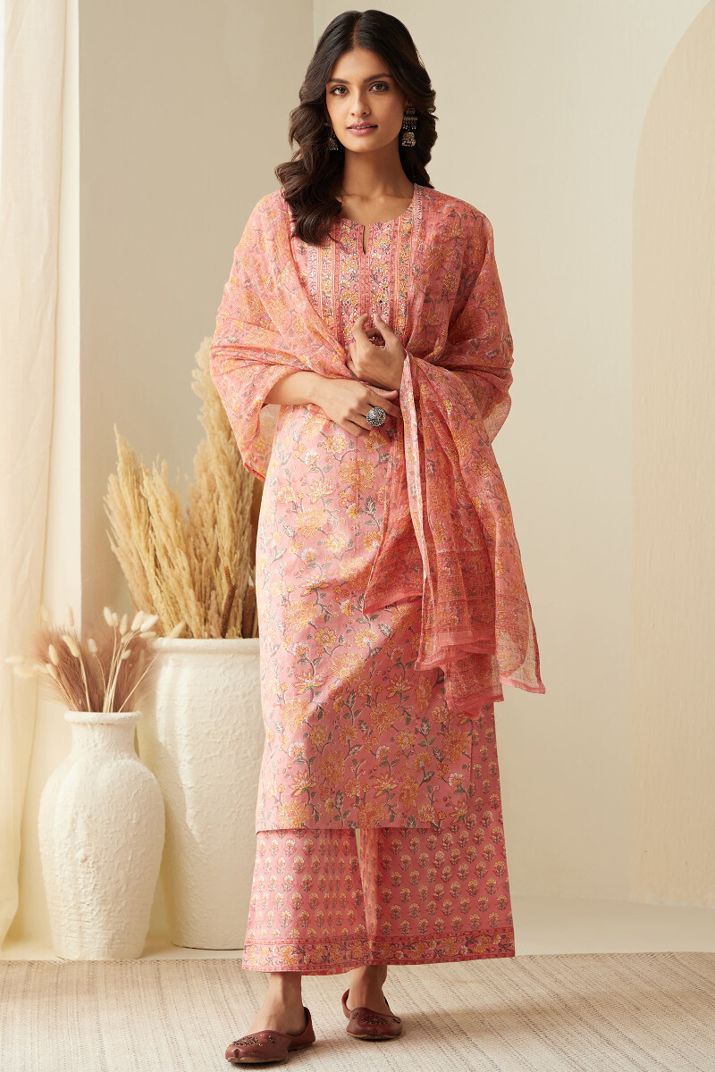 Peach Hand Block-Printed Cotton Farsi