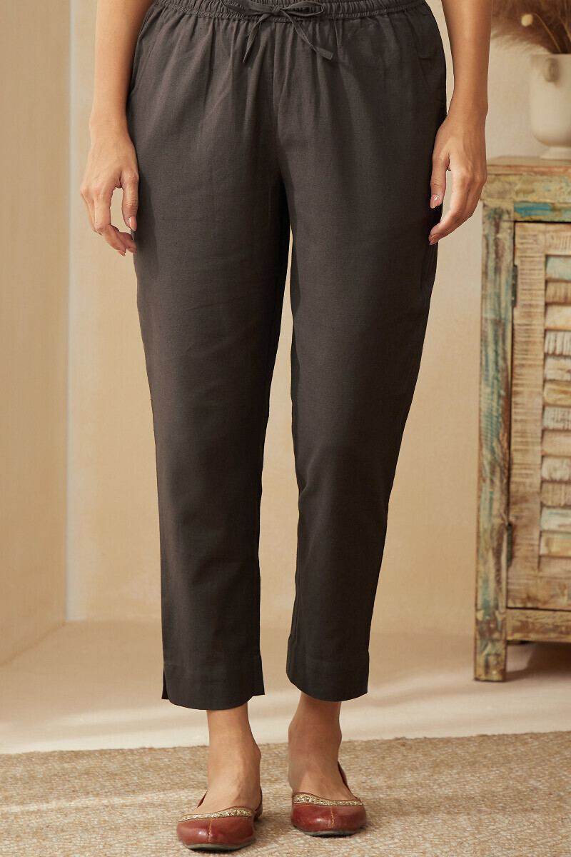 Brown Handcrafted Cotton Flax Narrow Pants