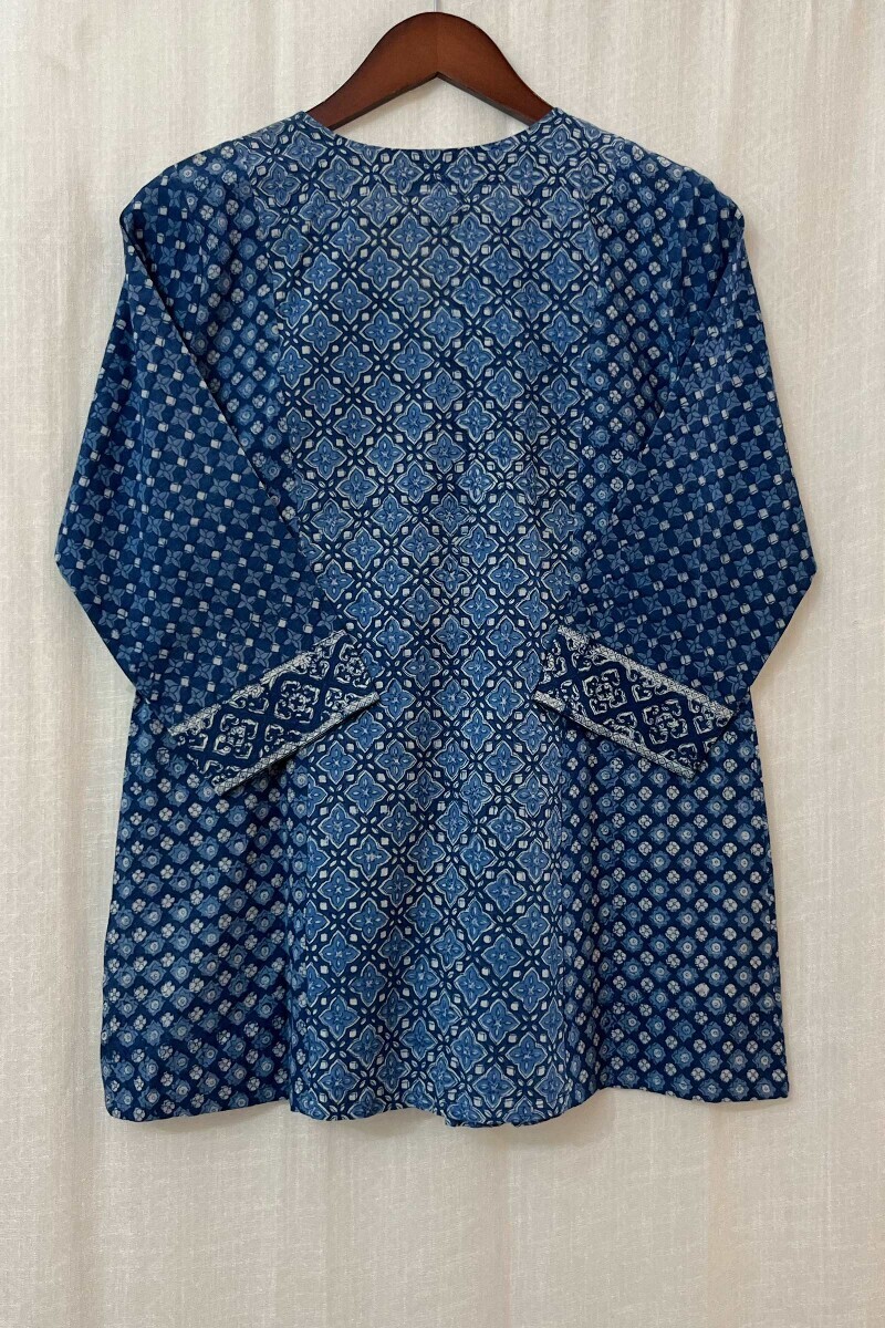 Blue Hand Block-Printed Cotton Slub Top