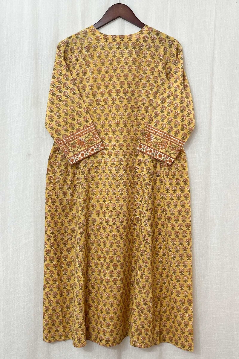 Yellow Hand Block-Printed A-Line Cotton Slub Kurta