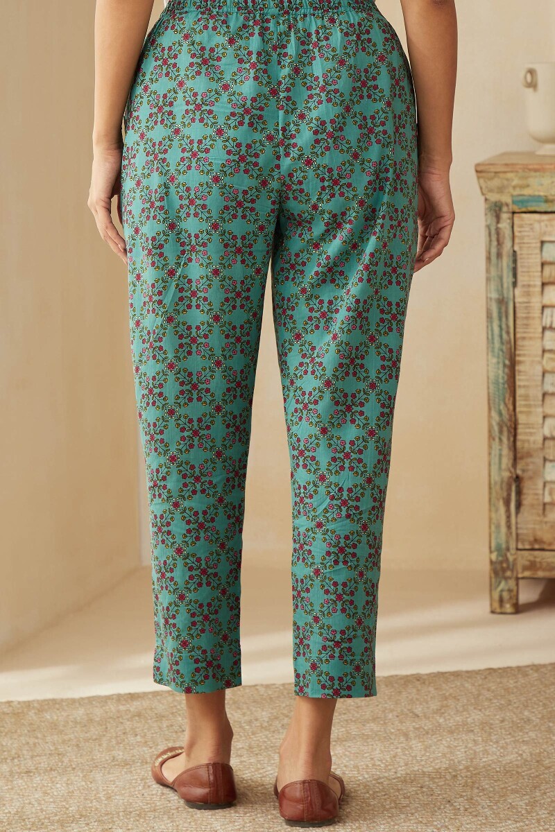 Blue Hand Printed Cotton Narrow Pants