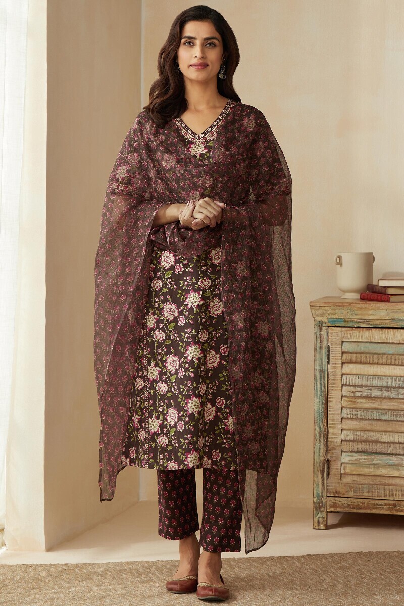 Brown Hand Printed Straight Cotton Kurta