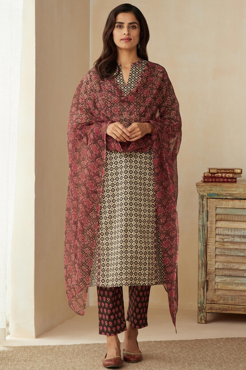 Brown Hand Printed Straight Cotton Kurta