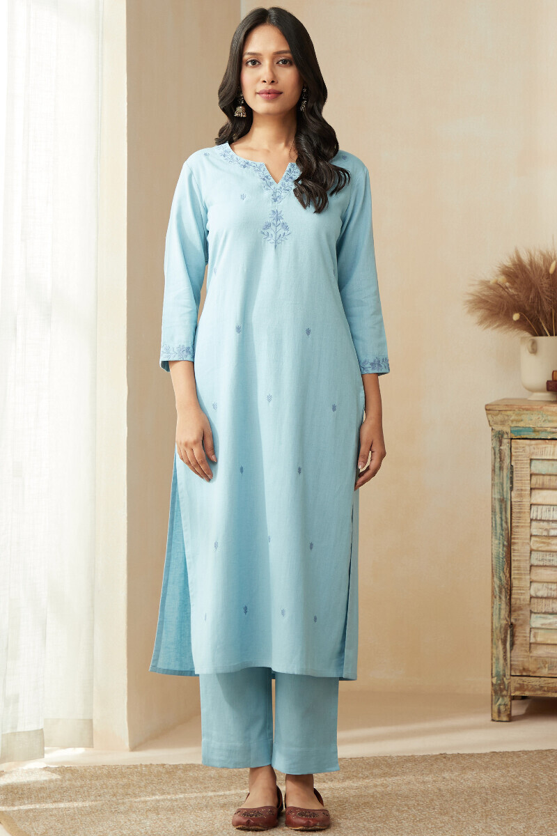Blue Handcrafted Straight Cotton Flax Kurta