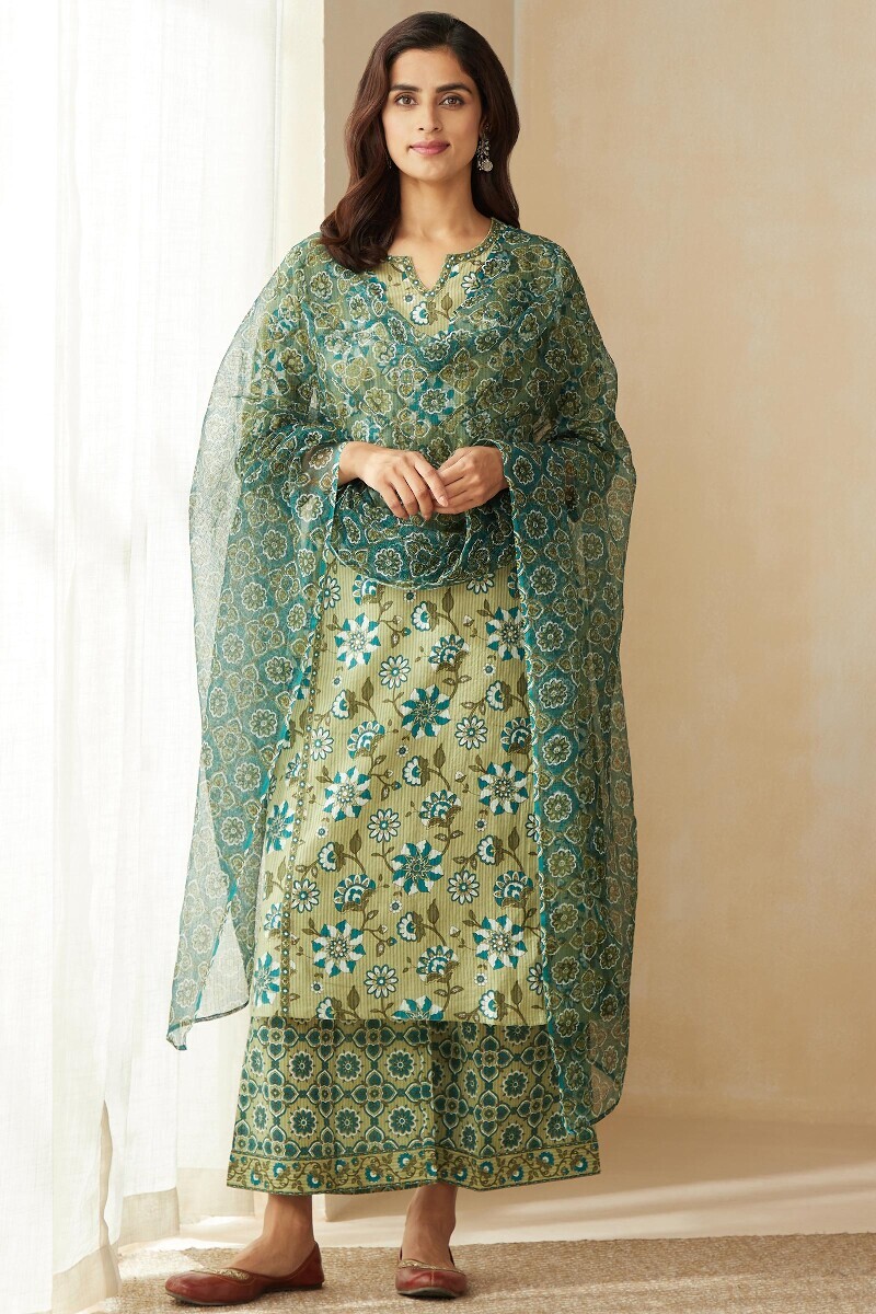 Green Hand Printed Straight Cotton Dobby Kurta