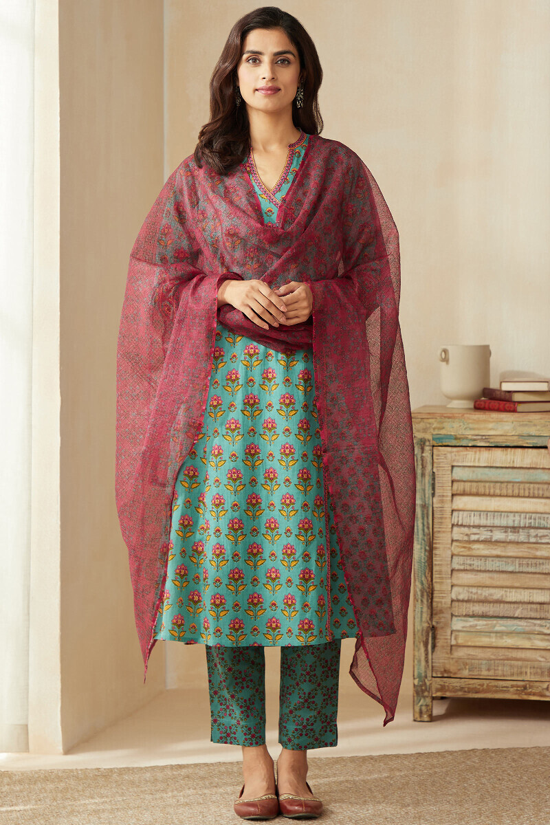 Blue Hand Printed Angrakha Cotton Kurta