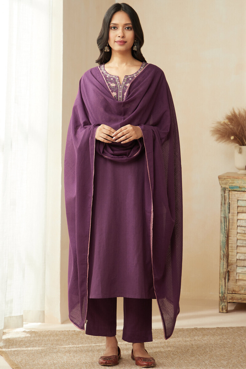 Dark Purple Handcrafted Straight Cotton Flax Kurta