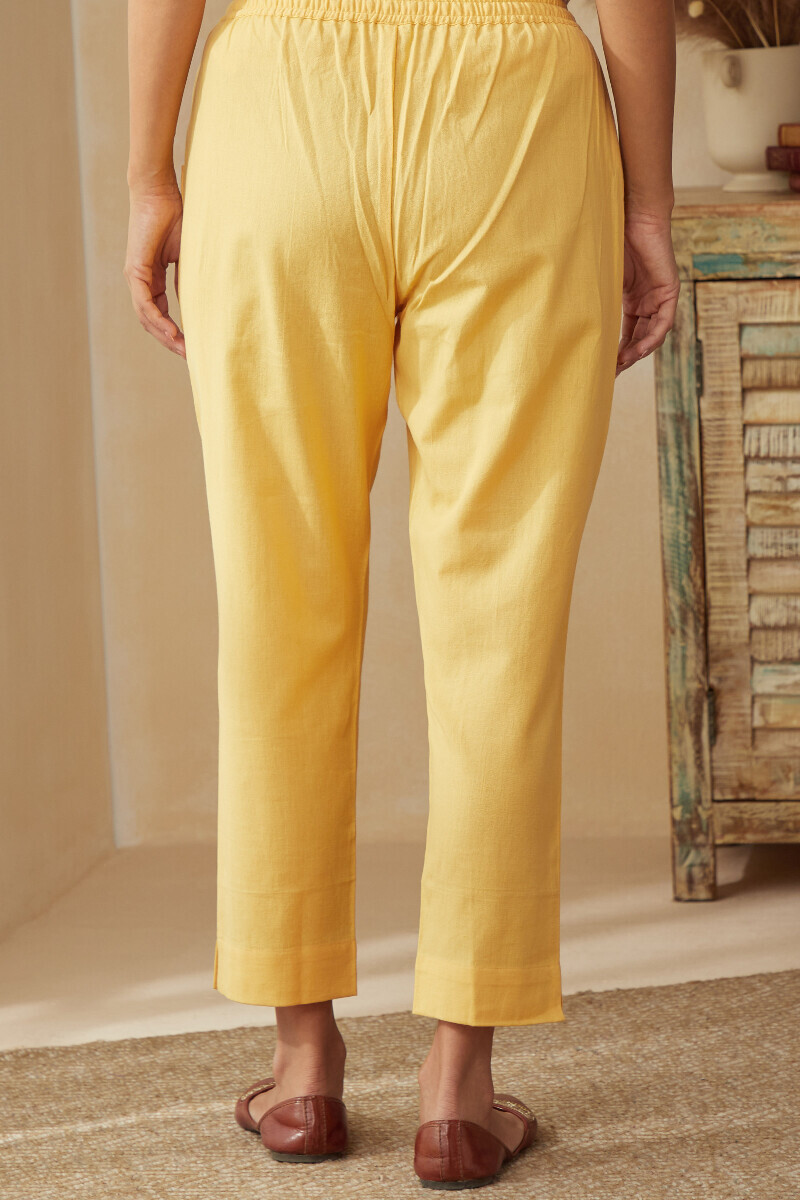 Yellow Handcrafted Cotton Flax Narrow Pants