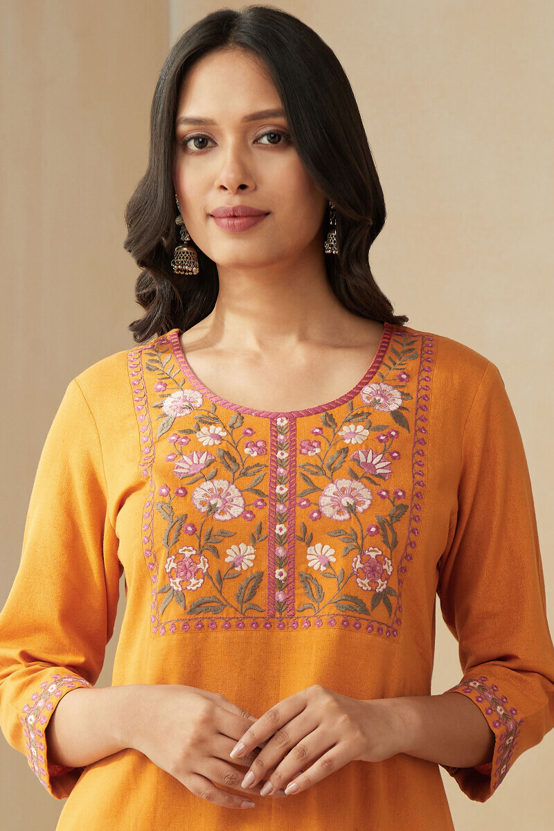 Mustard Handcrafted Straight Cotton Flax Kurta