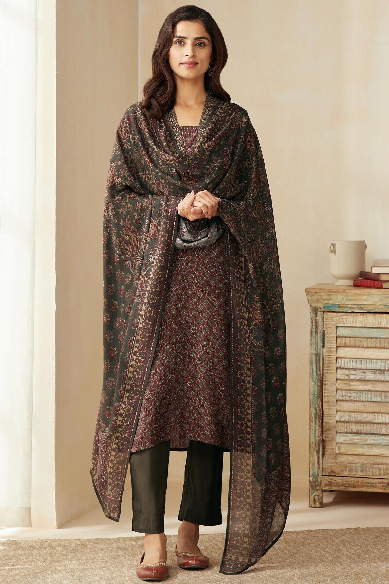 Maroon Printed Straight Viscose Kurta