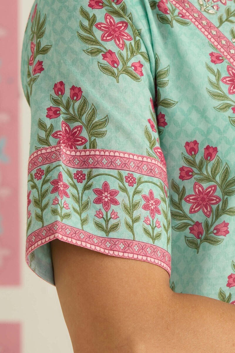Blue Printed Straight Cotton Kurta