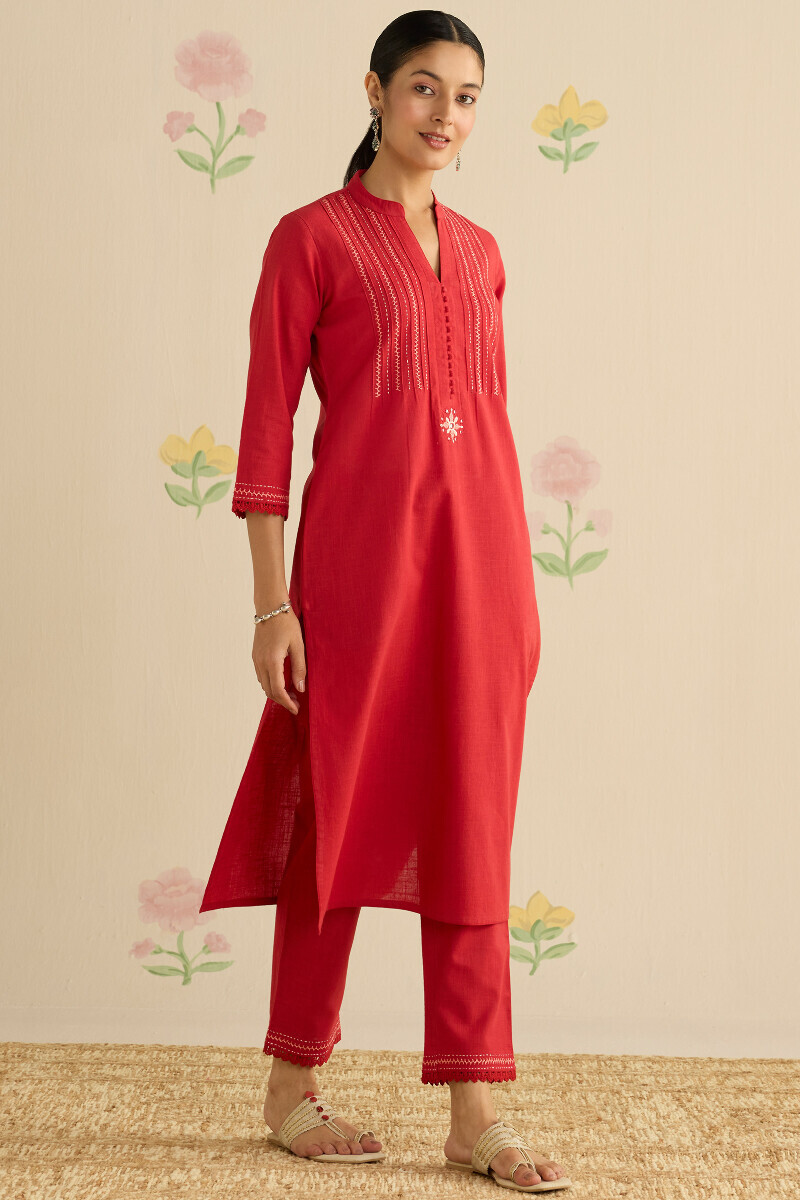 Red Handcrafted Straight Gauze Slub Kurta