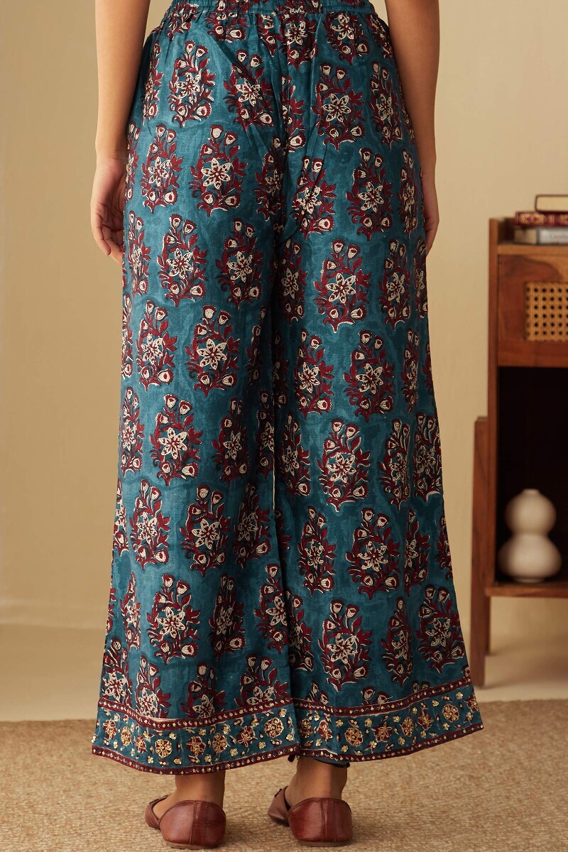 Blue Hand Block-Printed Chanderi Farsi