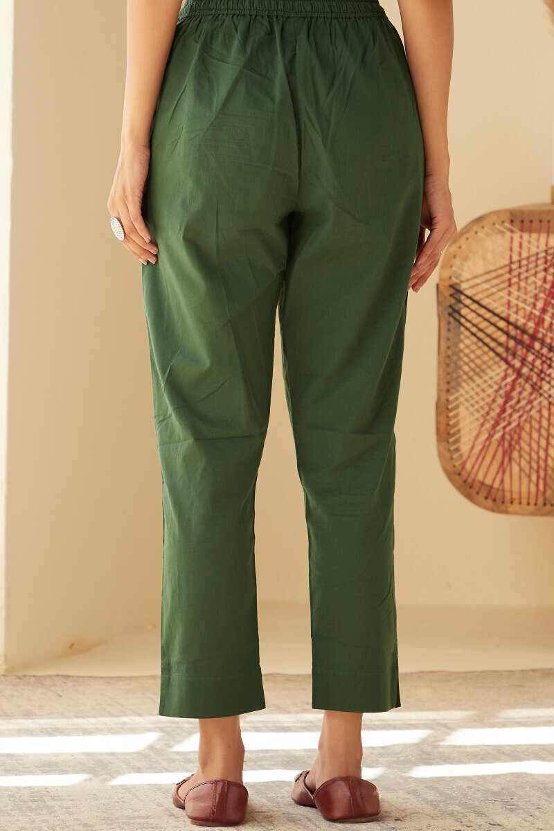 Green Handcrafted Cotton Narrow Pants