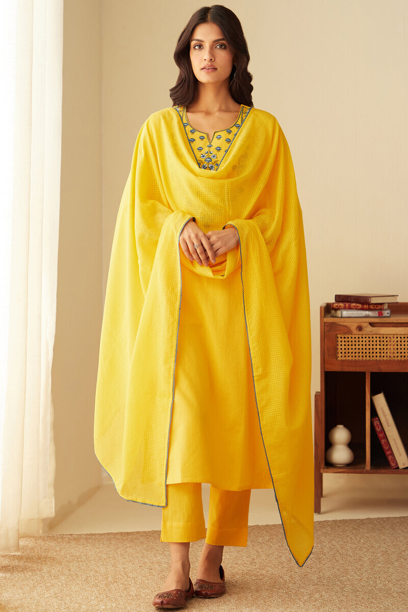 Yellow Handcrafted Straight Cotton Flax Kurta