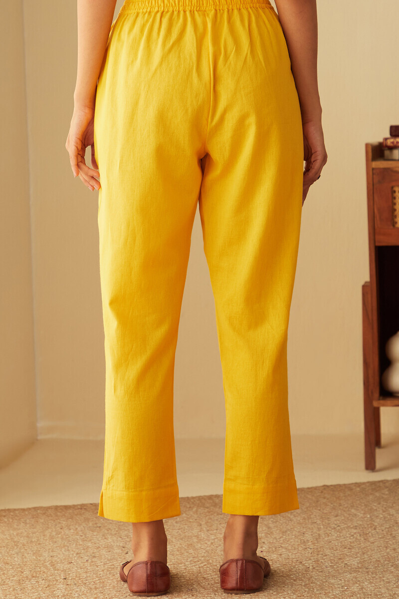 Yellow Handcrafted Cotton Flax Narrow Pants