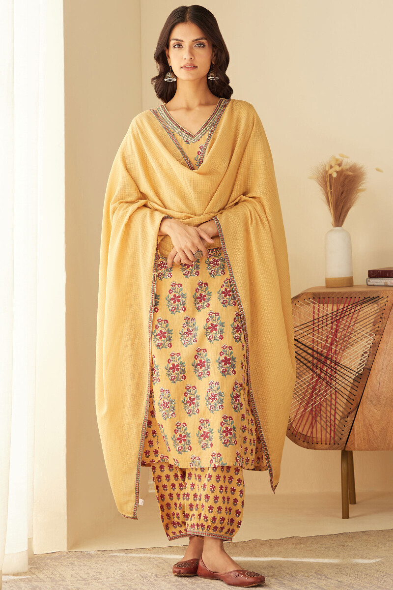 Yellow Hand-Printed Straight Cotton Kurta