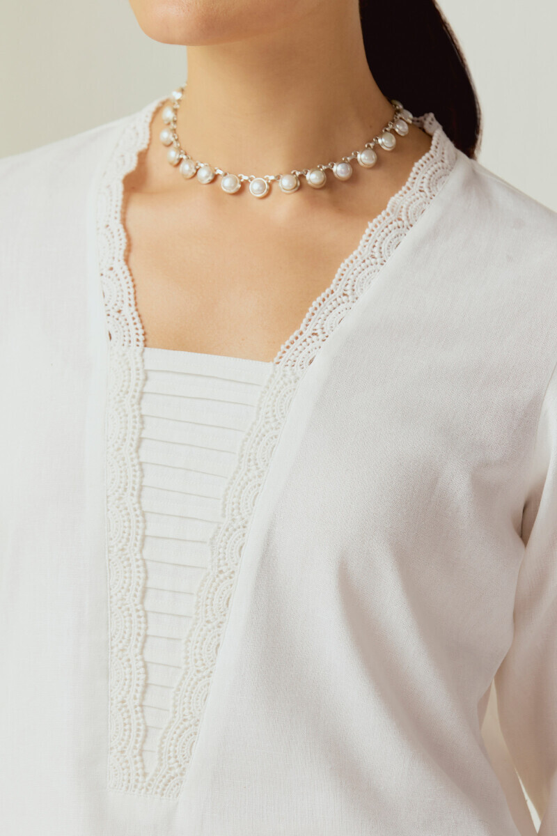 White Handcrafted Straight Cotton Flax Kurta