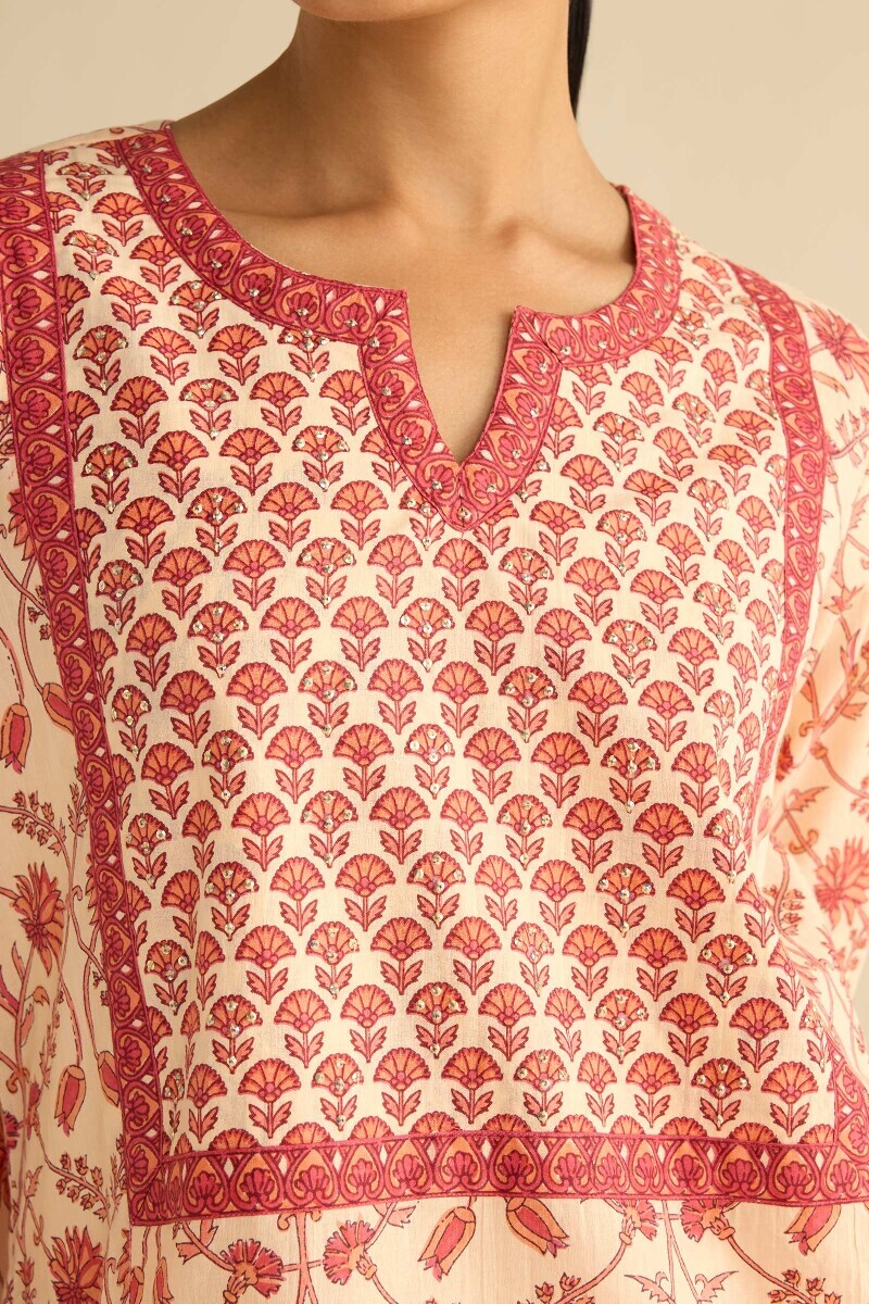 Cream Hand Printed Cotton Kaftan