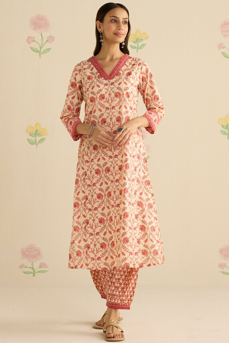 Cream Hand Printed Straight Cotton Kurta