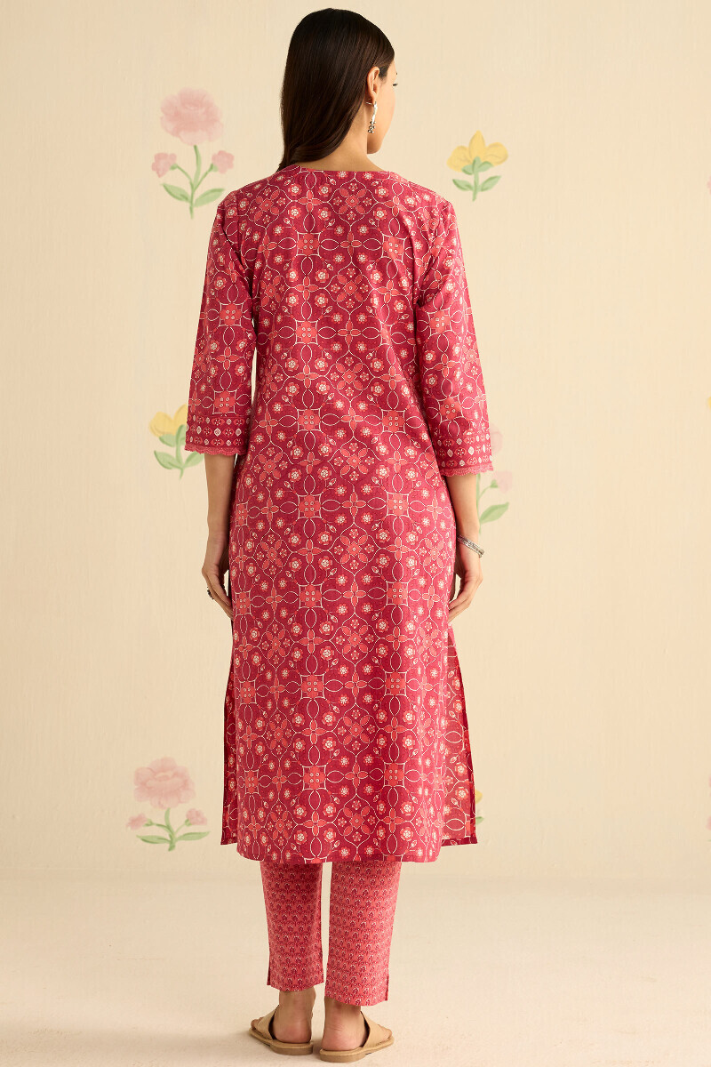 Pink Hand Printed Straight Cotton Kurta