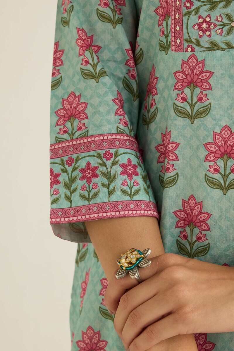 Blue Printed Straight Cotton Kurta