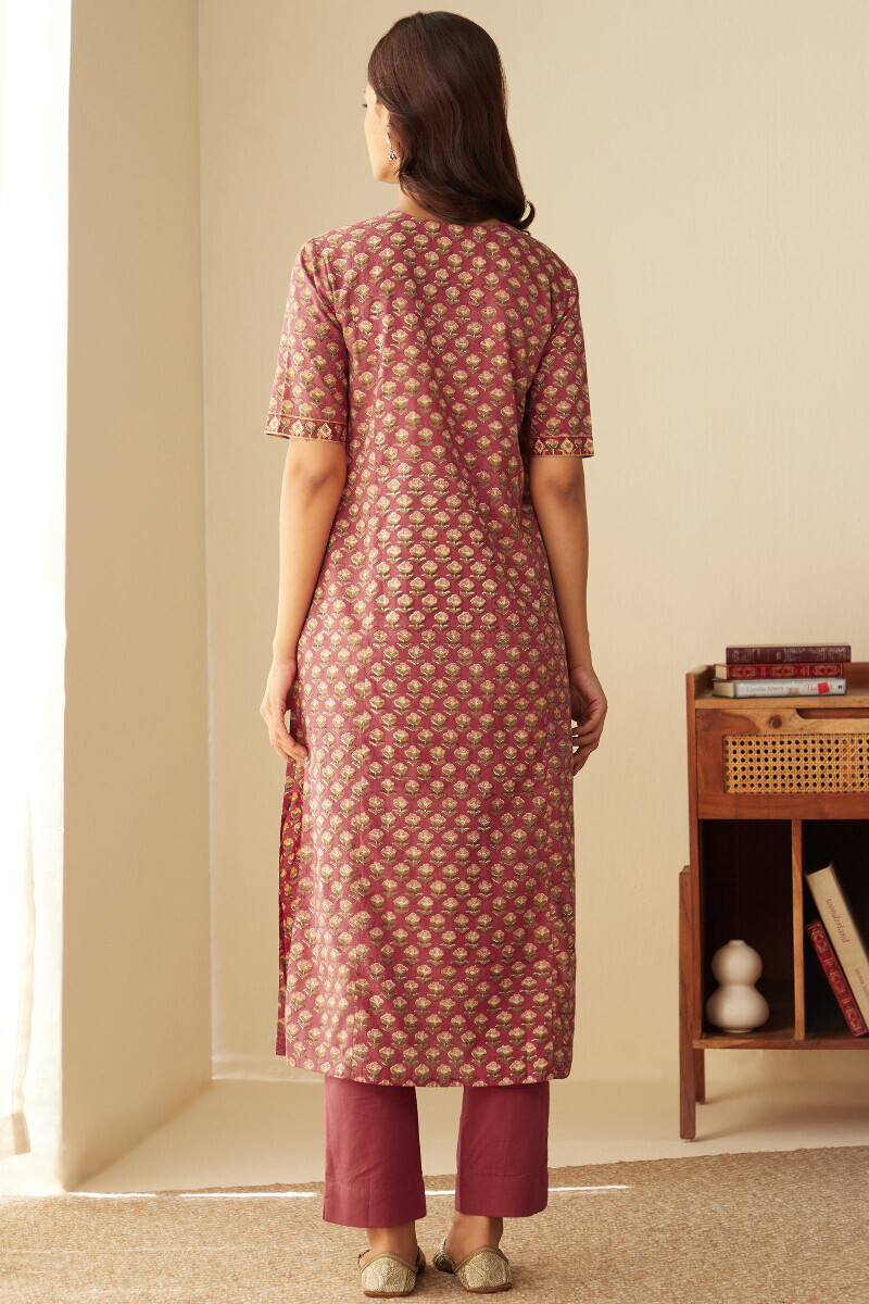 Pink Hand Block-Printed Straight Cotton Kurta