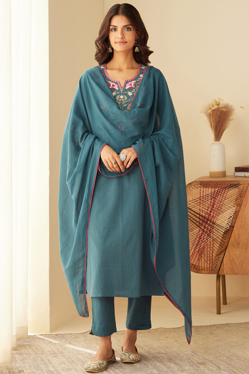 Blue Handcrafted Straight Cotton Flax Kurta