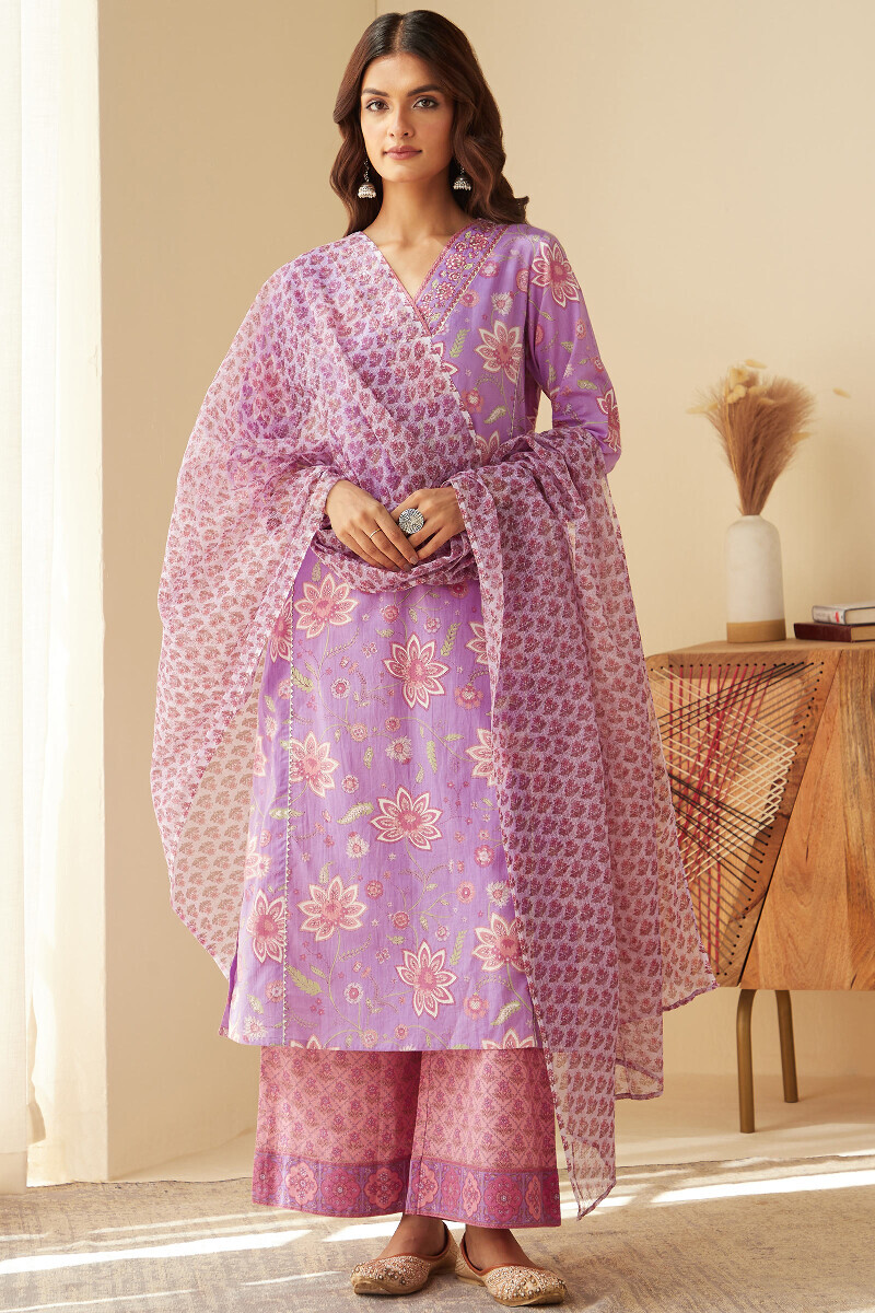 Purple Hand Printed Straight Cotton Kurta