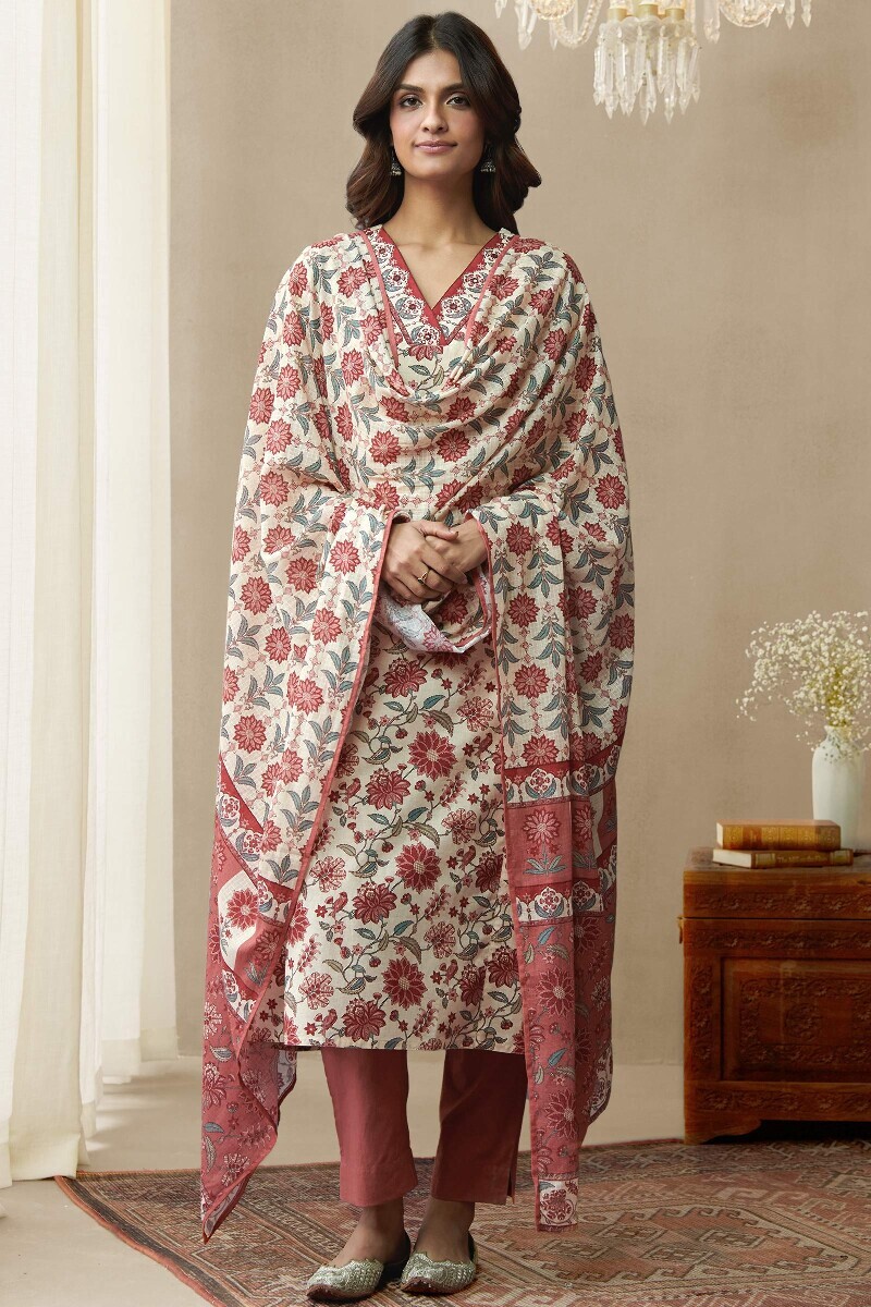 Cream Printed Straight Cotton Kurta