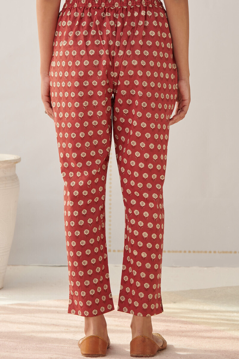 Red Hand Printed Cotton Narrow Pants