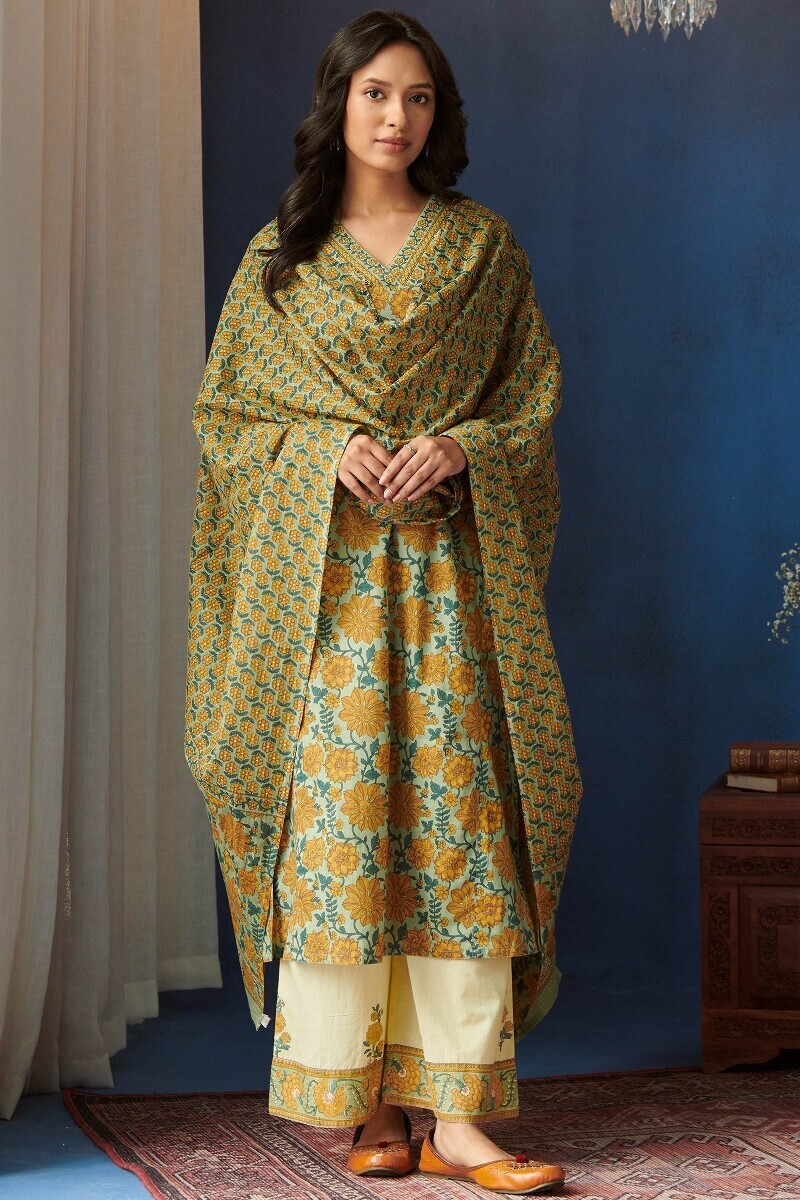 Yellow Hand Block-Printed Cotton Farsi