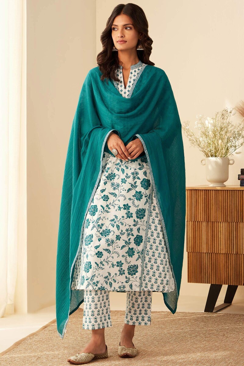 White Hand Printed Straight Cotton Slub Kurta