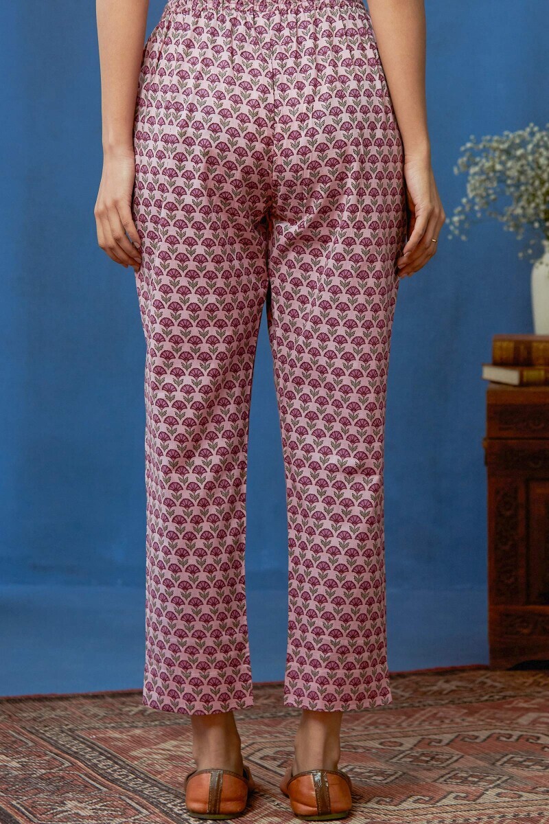 Pink Hand Printed cotton Narrow Pants