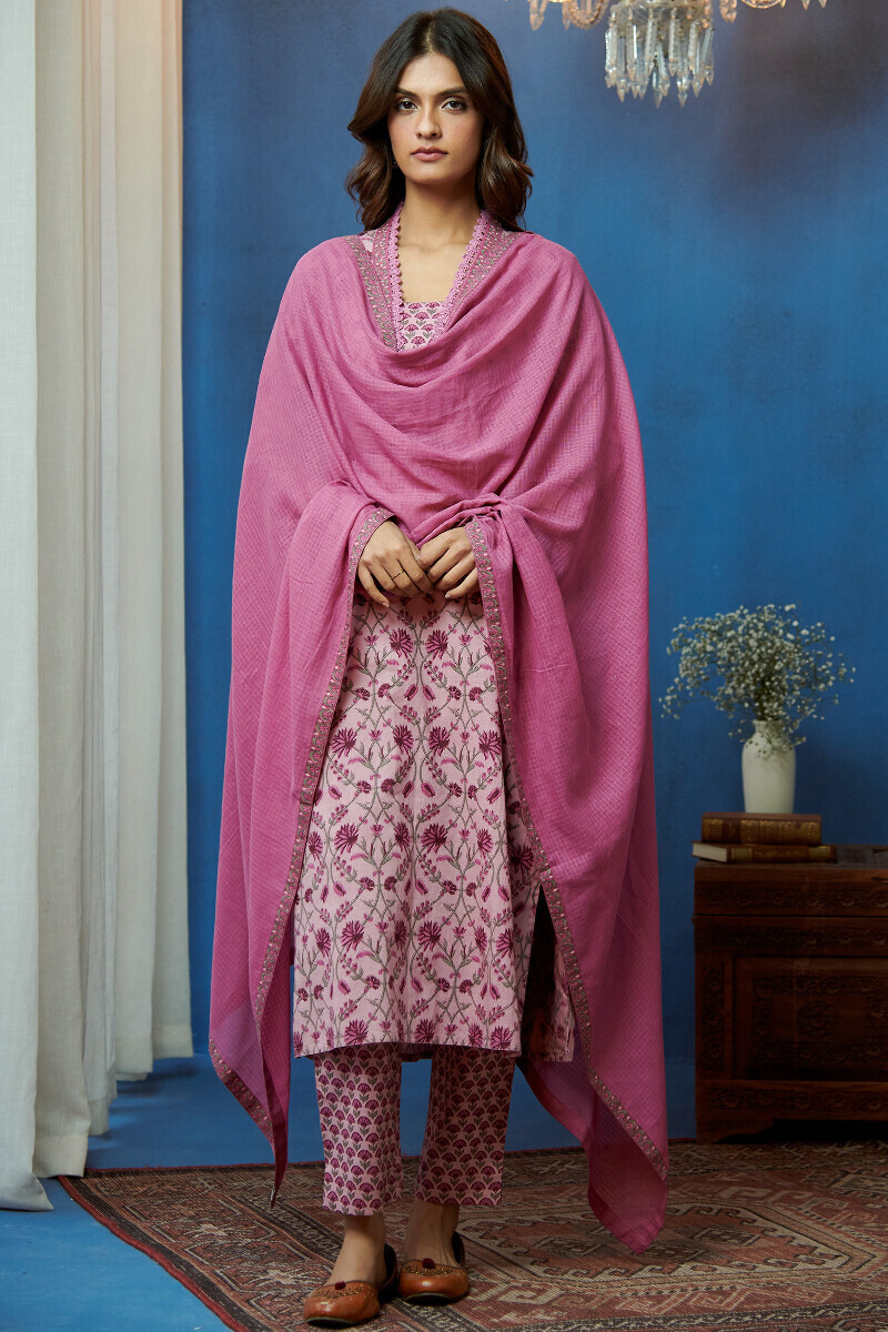 Pink Hand Printed Straight Cotton Kurta