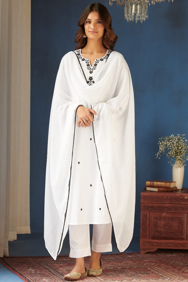White Handcrafted Straight Cotton Flax Kurta