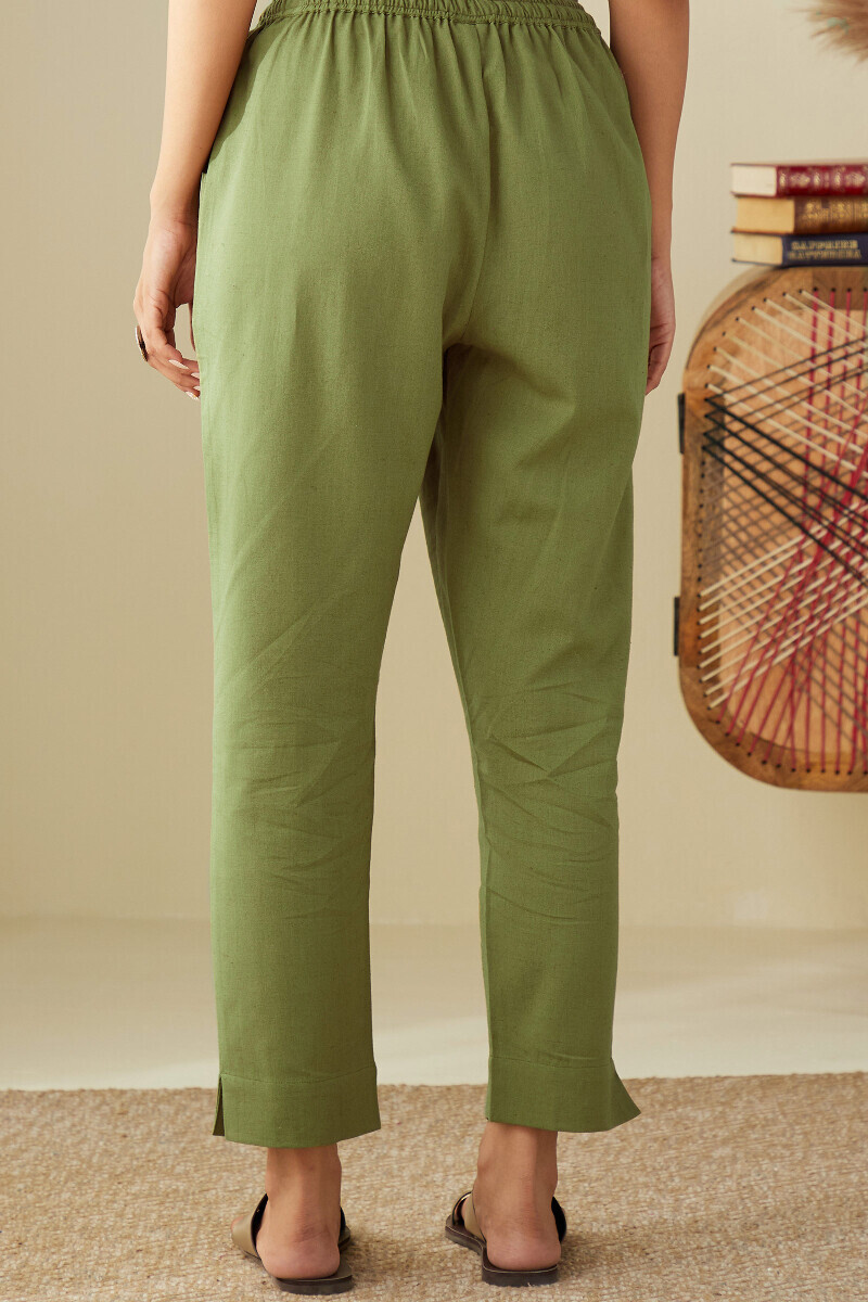 Green Handcrafted Cotton Flax Narrow Pants