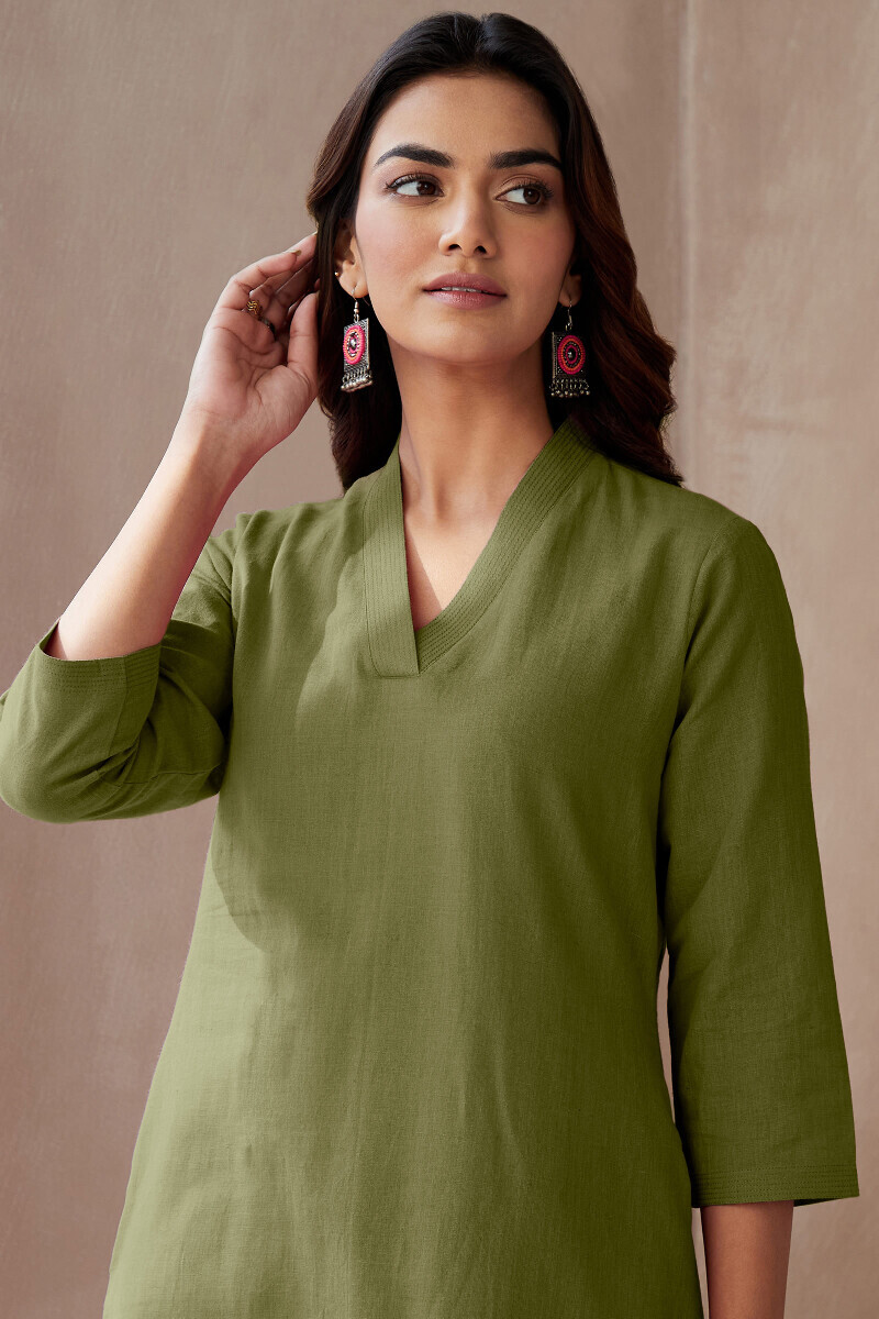 Green Handcrafted Straight Cotton Flax Kurta