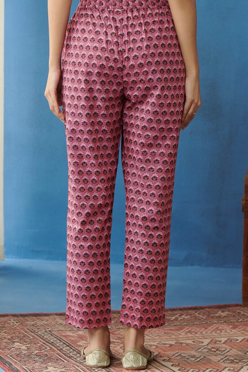 Pink Hand Printed Cotton Narrow Pants