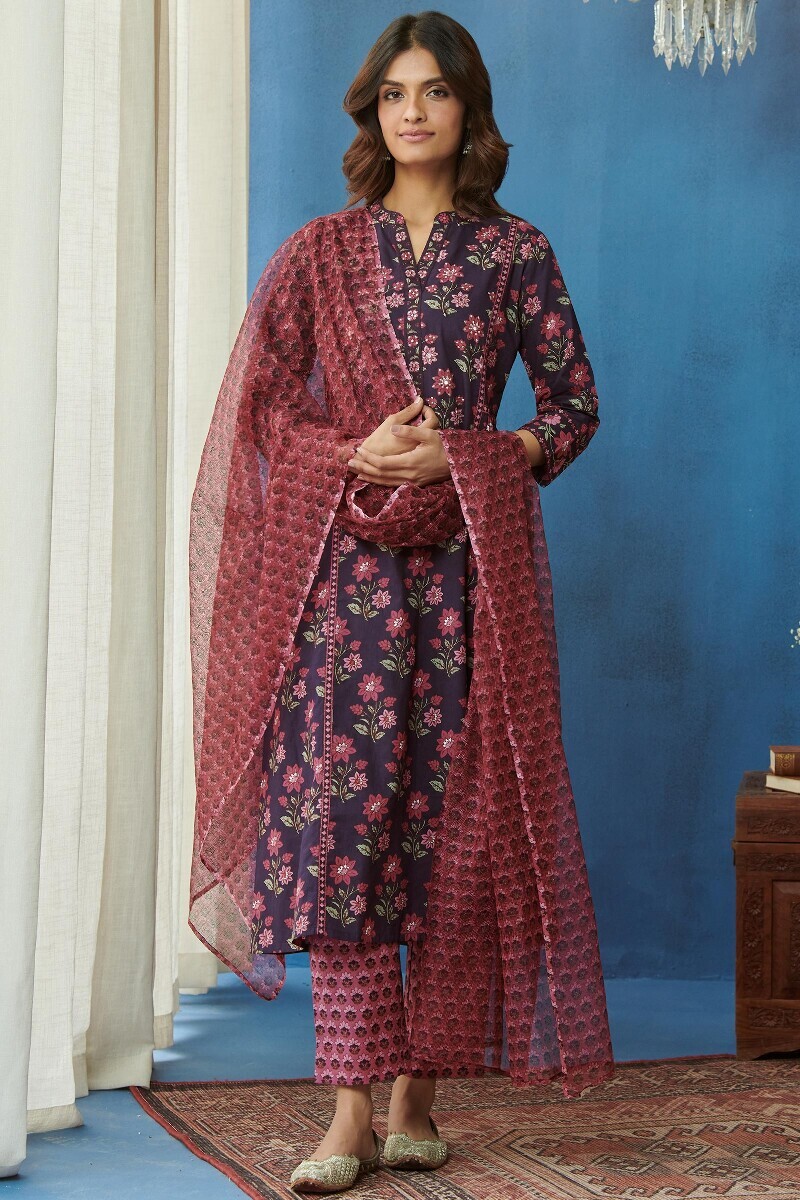 Purple Hand Printed A-Line Cotton Kurta