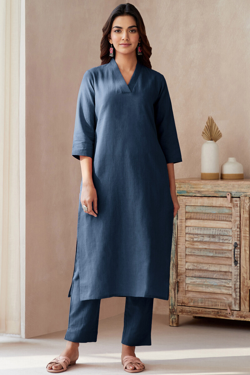 Blue Handcrafted Straight Cotton Flax Kurta