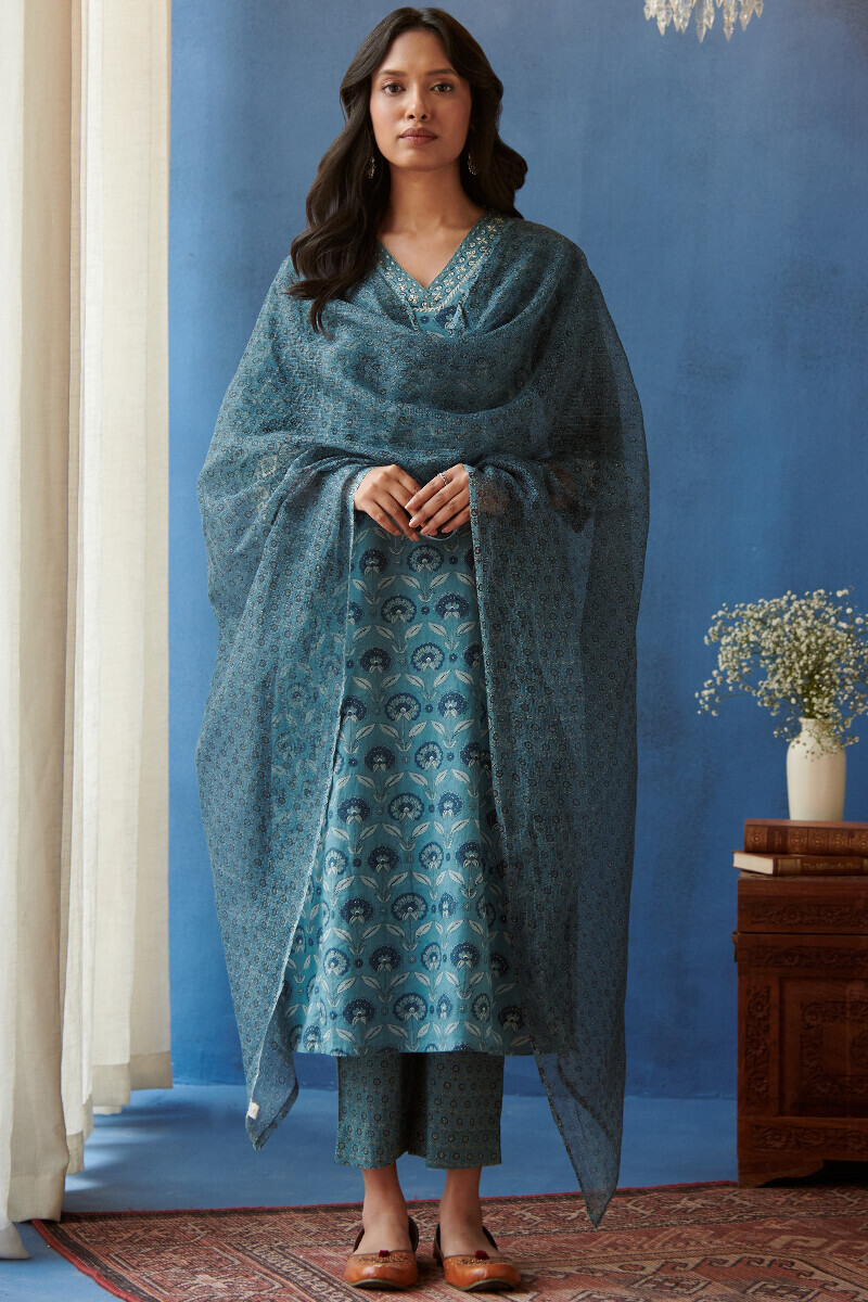 Blue Hand Printed Straight Cotton Kurta