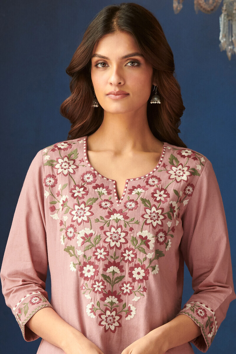 Pink Printed Straight Cotton Flax Kurta
