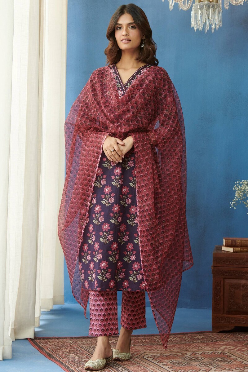 Purple Hand Printed Straight Cotton Kurta