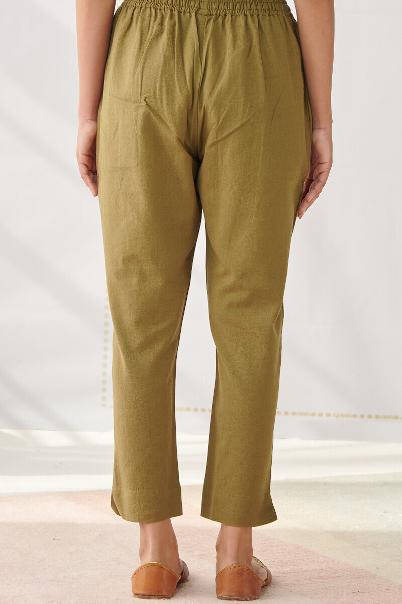 Olive Green Handcrafted Cotton Flax Narrow Pants